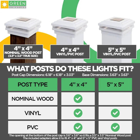 Dual Combo Solar Post Lights For 4x4 And 5x5 Posts, White Deck Fence Post Cap Lights, size chart for wood vinyl PVC posts.