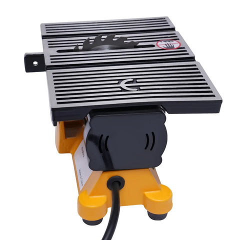 Dope 4 Inch Mini Table Saw Portable Miter Bench, 90W Power Cutter, 4500 RPM Electric Woodworking Saw With 3 Blades, Great For DIY Projects, Small Shops, and Furniture Making showing side view of blade and table surface.