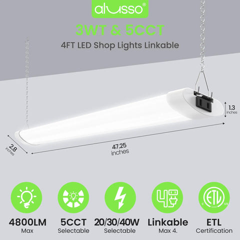 Diagram of Alusso 4Ft LED Shop Lights with specs, ultra bright 4800 lumens, 5 color temperature, linkable, ETL listed, ideal for garage lighting.