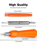 Must Have All In One Video Doorbell Screwdriver Bit Set For Battery And WiFi Access Fits All Video Doorbell Models Double Head Torx T6 And T15 For Quick DIY Install Replacement Tool Orange, shown in three views with measurements.