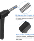 Dead Nuts Secure 4 Pack M6 Clamping Levers With Stainless Threaded Studs And Quick Release Toggle Knobs That Snap Into Place For Workshops Tools And Cabinetry Builds Black close-up of stainless steel threaded stud and black zinc alloy handle.