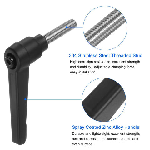 Dead Nuts Secure 4 Pack M6 Clamping Levers With Stainless Threaded Studs And Quick Release Toggle Knobs That Snap Into Place For Workshops Tools And Cabinetry Builds Black close-up of stainless steel threaded stud and black zinc alloy handle.