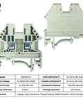 Front and back view of Gray DIN Rail Terminal Block Screw Type 2.5N S13109 Ultra Compact 600V 20A 12-22AWG for control panels