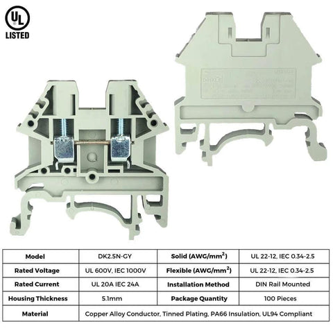 Front and back view of Gray DIN Rail Terminal Block Screw Type 2.5N S13109 Ultra Compact 600V 20A 12-22AWG for control panels