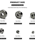 Image of six ball bearings from 60 Piece Six Size Deep Groove Ball Bearing Kit With 625ZZ 624ZZ 623ZZ 693ZZ 683ZZ 682ZZ Double Shielded For Skateboards And Electronics Ready To Use Storage Case Great DIY Gear For Upgrades And Maintenance, showing dimensions and quantity of each size.