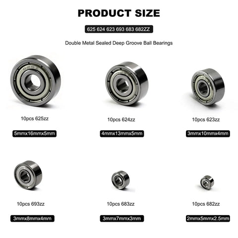 Image of six ball bearings from 60 Piece Six Size Deep Groove Ball Bearing Kit With 625ZZ 624ZZ 623ZZ 693ZZ 683ZZ 682ZZ Double Shielded For Skateboards And Electronics Ready To Use Storage Case Great DIY Gear For Upgrades And Maintenance, showing dimensions and quantity of each size.