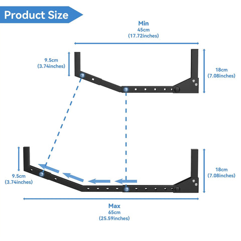 Slick Wall Mount Kayak Rack And Universal Garage Storage Hooks For Quick Gear Stash Out size diagram showing adjustable dimensions.
