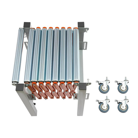 Heavy Duty Adjustable Gravity Roller Table With Rolling Caster Wheels Expandable Extendable Conveyor Belt For Moving Heavy Loads Easy Folding Storage with rollers and caster wheels.