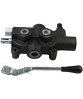 Four Way Three Position Hydraulic Log Splitter Valve With Auto Return Detent Lever, black metal, side view with lever detached.