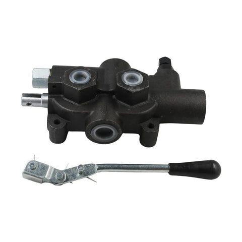 Four Way Three Position Hydraulic Log Splitter Valve With Auto Return Detent Lever, black metal, side view with lever detached.