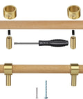 Natural Wood Kitchen Cabinet Handles 2 To 5 Inch 4 Piece Set Center To Center Adjustable Double Hole Euro Scandi Modern Dresser Knob Unfinished DIY Drawer Pull With Brushed Brass Base, with installation hardware and screwdriver