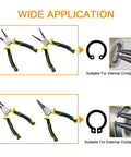 7 Inch Snap Ring Pliers Set Four Piece Circlip Pliers Kit With Straight And Bent Jaw Internal And External Rings Pro Grade Heavy Duty Tool For Retaining Clips shown in use for internal and external circlips.