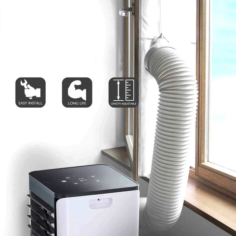 Universal 5 Inch Portable Air Conditioner Exhaust Hose, 78 Inch Long, Clockwise Thread, installed in window setup