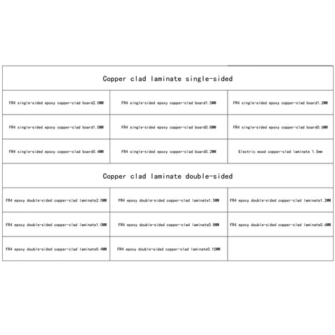 Chart showing copper clad laminate types, including single and double-sided FR4 options with dimensions and thicknesses.