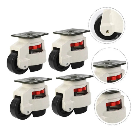 Heavy Duty Adjustable Caster Wheels Four Pack featuring swivel plates and anti-slip bottom, ideal for workbenches and furniture.