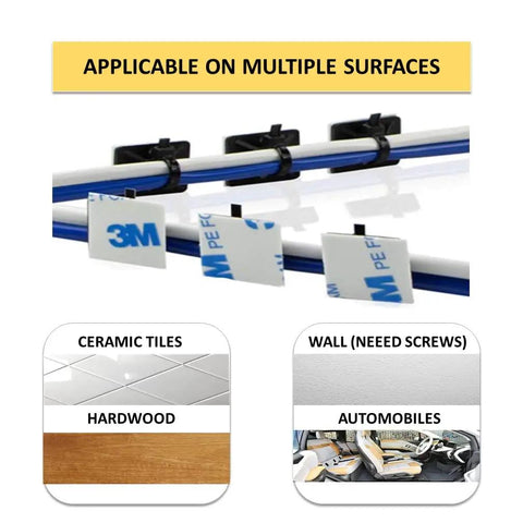 Adhesive Zip Tie Mounts Half Inch Square Black 100 Pack For Quick Cable Management Nylon Anchor Pads UV Resistant Multi Purpose Cable Tie Bases For Easy Peel And Stick Organization Of Wires And Securing 18 To 40 Pound Ties installed on various surfaces