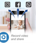 1080p WiFi Baby Monitor With 360° Pan Tilt 7-Inch Screen HD Night Vision on mobile, sharing to social media icons.
