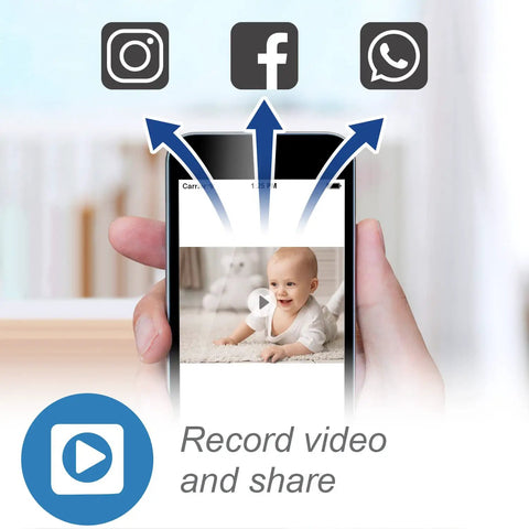 1080p WiFi Baby Monitor With 360° Pan Tilt 7-Inch Screen HD Night Vision on mobile, sharing to social media icons.