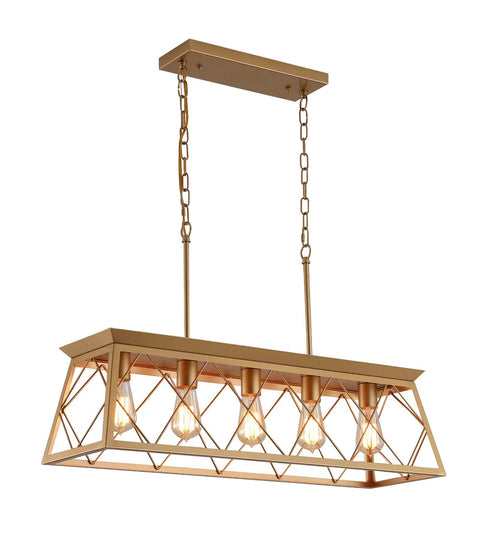 Five Light Gold Modern Farmhouse Chandelier For Kitchen Island, rectangular design, chain suspension, lit, UL Listed