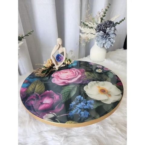 14 Inch Lazy Susan Turntable With Shimmer Epoxy Resin Artwork, Durable Wood And Resin Construction, floral design centerpiece