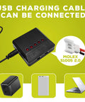 5 Pack 3 7V 400mAh Li Battery Set With 5 In 1 Charger for quadcopters, showing USB connectivity and charger details