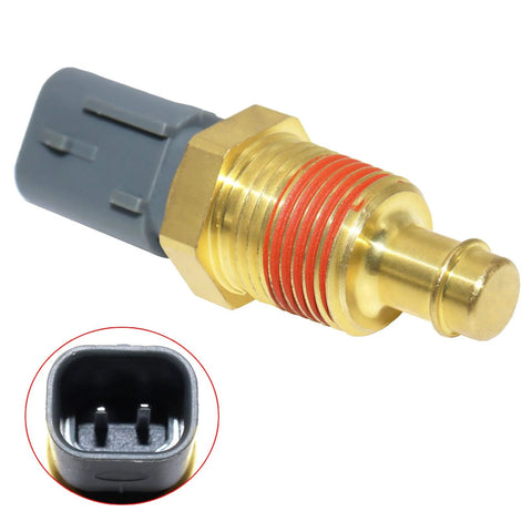 Engine coolant temperature sensor with brass threaded body and gray 2-pin plastic connector (close-up view)