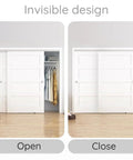 Soft Close Pocket Door Slide Hardware And Track Set For Barn Doors With Heavy Duty Hanger And Bilateral Four Wheel Dual Damping 47 Inch Track Single Door Load Rating Up To 143 Lbs Space Saving Slider System shown in open and closed views on white closet door.