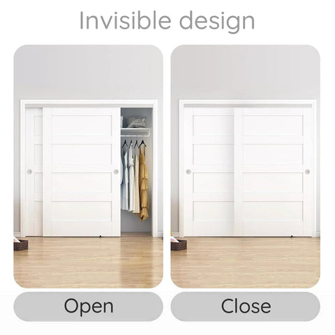 Soft Close Pocket Door Slide Hardware And Track Set For Barn Doors With Heavy Duty Hanger And Bilateral Four Wheel Dual Damping 47 Inch Track Single Door Load Rating Up To 143 Lbs Space Saving Slider System shown in open and closed views on white closet door.
