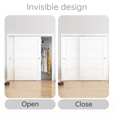 Soft Close Barn Door Slide Hardware Set With 59 Inch Track, Heavy Duty Pocket Door Kit in open and closed positions