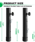 Hella Sturdy 4 Pack Table Leg Extenders For Folding Tables Adjustable Steel Risers Rising From 3.6 To 5.23 Inches, size measurements shown.
