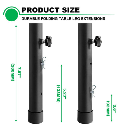 Hella Sturdy 4 Pack Table Leg Extenders For Folding Tables Adjustable Steel Risers Rising From 3.6 To 5.23 Inches, size measurements shown.