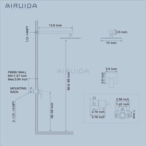 Technical drawing of Rainfall Shower System With 10 Inch Wall Mount Head, Single Lever Mixer, SUS304 Stainless Steel, Rough In Valve dimensions.