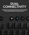 Close-up of Badass Wireless Mechanical Gaming Keyboard Slinging Games With Crisp Clicky Keys And Dope RGB Lighting with connection buttons.
