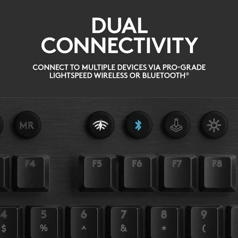 Close-up of Badass Wireless Mechanical Gaming Keyboard Slinging Games With Crisp Clicky Keys And Dope RGB Lighting with connection buttons.