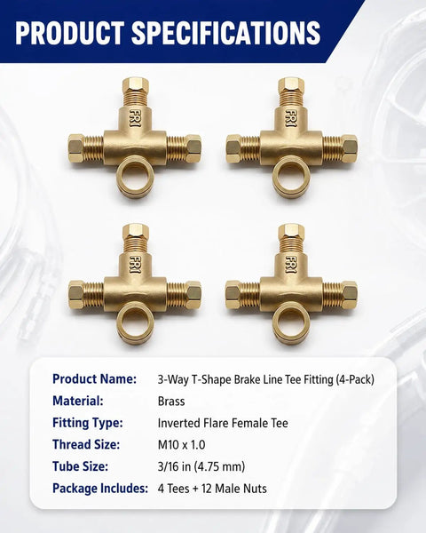 Built Tough 3 Way Brake Line Tee Connector With M10 X 1.0 Stud Nuts For 3/16 Inch Tubing Universal Garage Essential Swap For Inverted Flare Systems 4 Pack displayed in brass material.