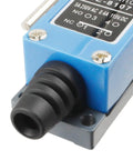 Close-up of Adjustable Rod Lever Momentary Limit Switch 1NC 1NO ME-8107, metal body, showing wiring port and specifications label.