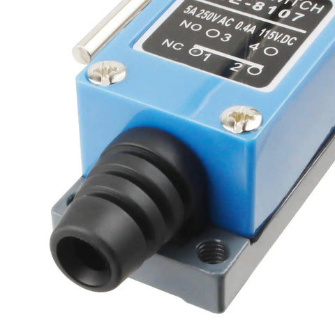 Close-up of Adjustable Rod Lever Momentary Limit Switch 1NC 1NO ME-8107, metal body, showing wiring port and specifications label.
