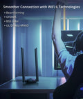 Person using computer with AX1800 USB WiFi 6 Adapter For PC Laptop Desktop Long Range Dual Band, two high-gain antennas visible