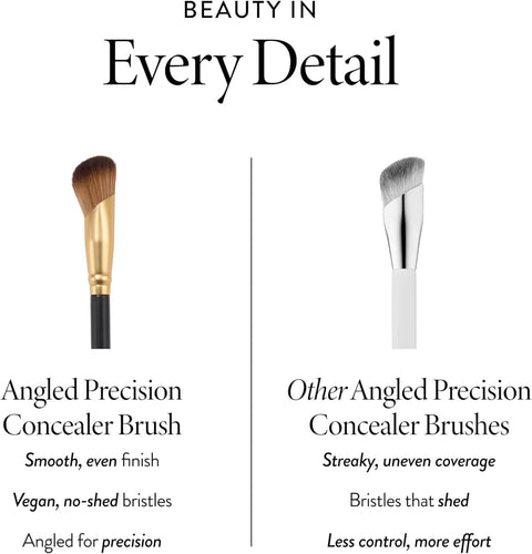 Angled Precision Concealer Brush for liquid and cream concealer, shown for undereye and nose contours, cruelty-free makeup tool.