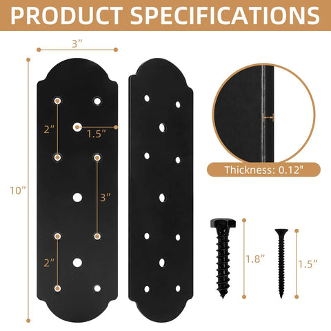 Rock Solid Heavy Duty Steel Flat Brackets, 10 X 3 Inch Mending Plates, Black Powder Coated Steel Joinery Hardware With Screws For Legit Wood Repair And Timber Connectors