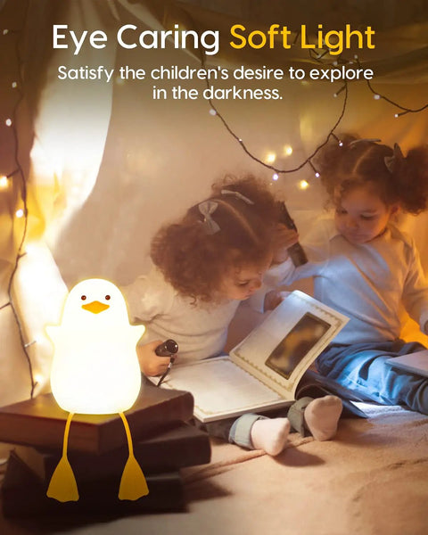 Children reading with Squishy Duck Night Light For Kids With Soft Warm Glow Silicone Dimmable Nursery Lamp Rechargeable LED Battery