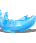 Blue orthodontic mouthguard for braces, showing full upper teeth protection, designed for sports like football and hockey.