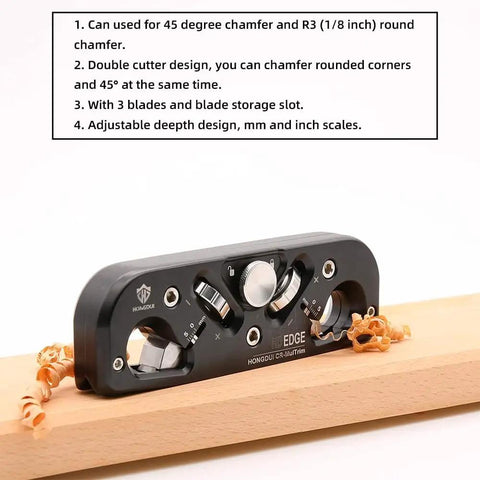 2-In-1 Chamfer and Radius Plane for Woodworking, Depth Adjustable 1/32 Inch (5mm), displayed on a wooden plank
