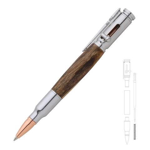 Three Piece Bolt Action Bullet Cartridge Ballpoint Pen Woodturning Kit Starter Package with chrome finish and wood detail