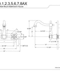 Technical drawing of 8-Inch Center Wall Mount Bathroom Faucet In Polished Chrome, Built-To-Last Solid Brass Construction