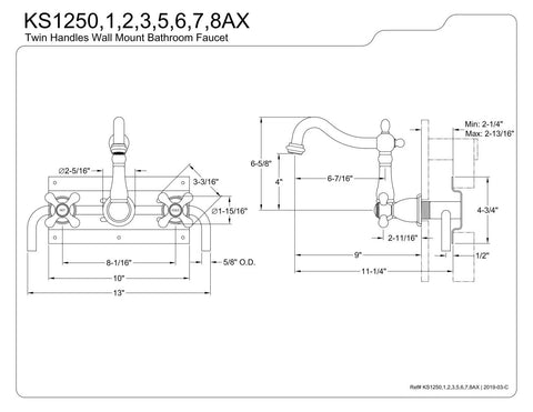 Technical drawing of 8-Inch Center Wall Mount Bathroom Faucet In Polished Chrome, Built-To-Last Solid Brass Construction