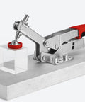 Horizontal Auto Adjust Toggle Clamp With 25 To 250 Lbs Adjustable Clamping Force And Nickel Plated part in holding position