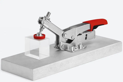 Horizontal Auto Adjust Toggle Clamp With 25 To 250 Lbs Adjustable Clamping Force And Nickel Plated part in holding position