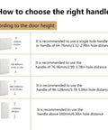 Guide on choosing cabinet handle size based on door height, showing recommended hole distances for various door heights.