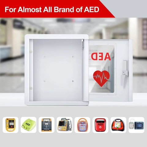 AED cabinet wall-mount, white metal with inner door and red AED heart symbol